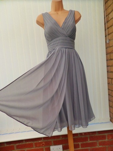 ELIZA J SILVER GREY SHEER PLEAT CHIFFON 50'S FLARE SCARF MIDI DRESS 10 £139 ONCE - Picture 4 of 14