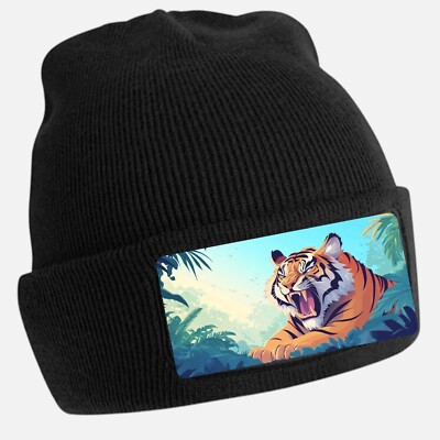 Black Cool Tiger Print Beanie Hat - Unisex Cap, Cotton