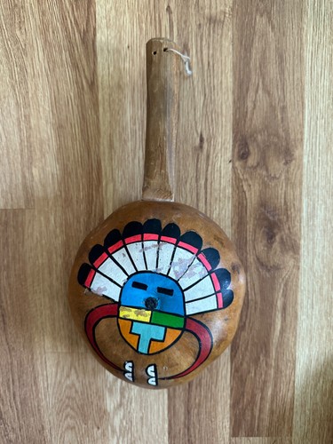 Vintage Native American  Hopi Kewa Hand Painted Gourd Rattle 11.5" X 6"
