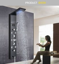 Stainless Steel LED Shower Panel Tower Faucet Rainfall Massage System Jet Black
