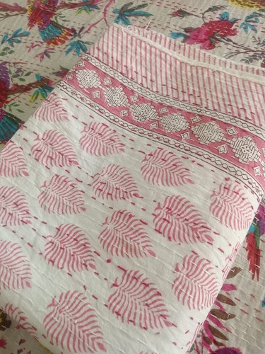 Indian Kantha Handmade Quilt Throw Bedspread Blanket pink Block Print Bedding - Picture 8 of 12