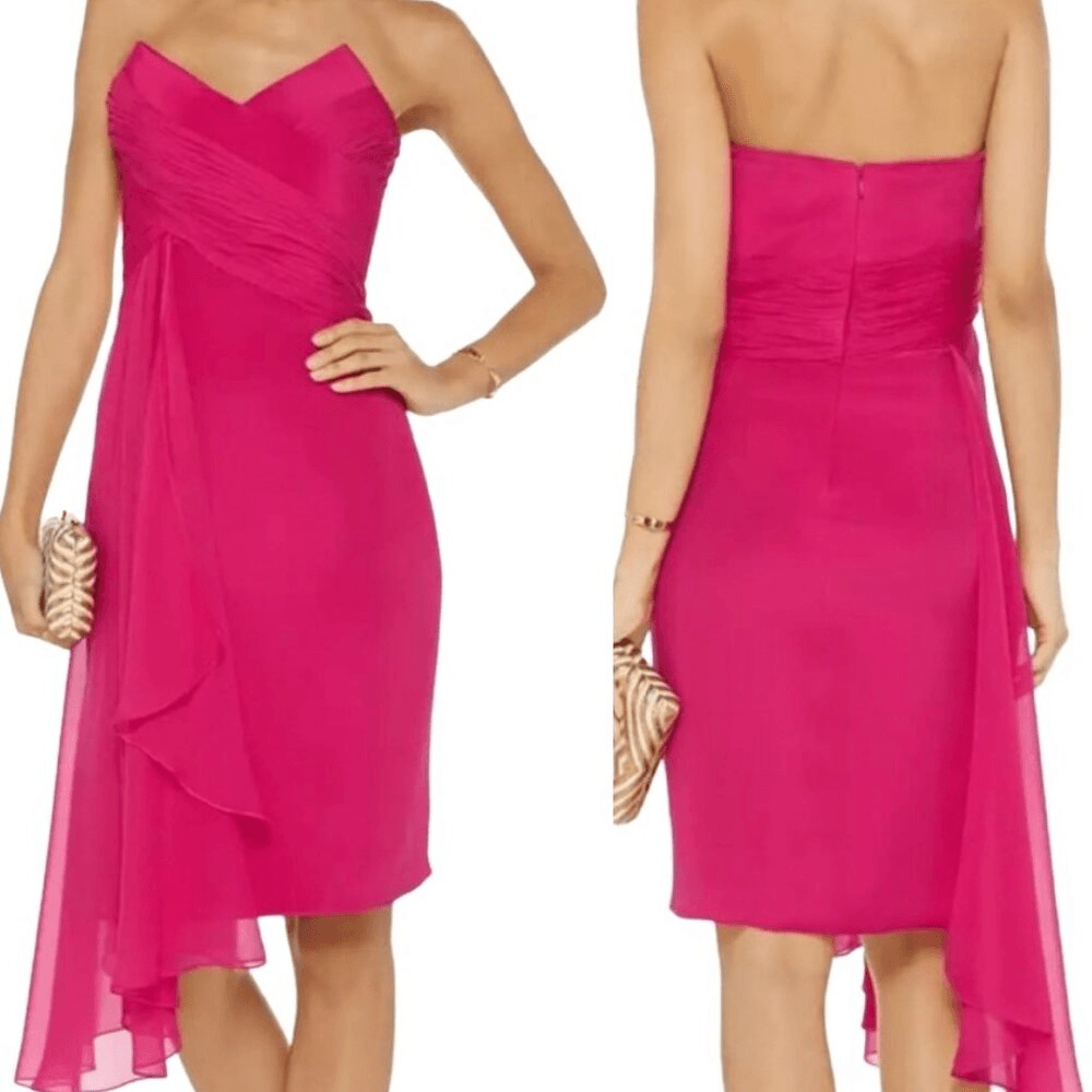 marchesa mini dress pre loved women silk strapless ruffle silk $1995 Marchesa Women's Black Silk Strapless Rose Front Mini Dress Size 8
