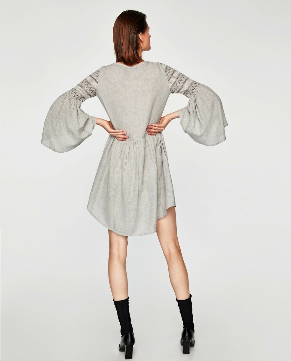 Zara cotton DRESS WITH ELASTIC SLEEVES flare sleeve W embroidery-ref  5598/226-M | eBay