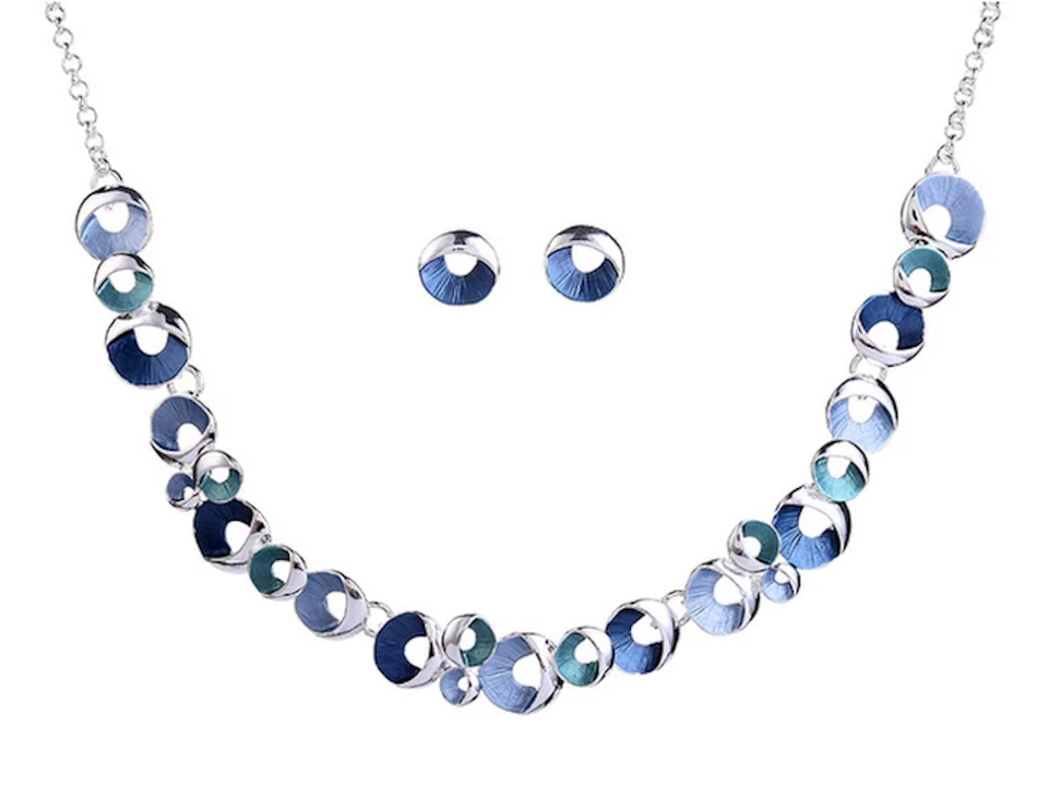 SCHMUCKSET DAMEN SILBER HALSKETTE COLLIER OHRRINGE VERSILBERT BLAU TÜRKIS PETROL - Bild 1 von 1
