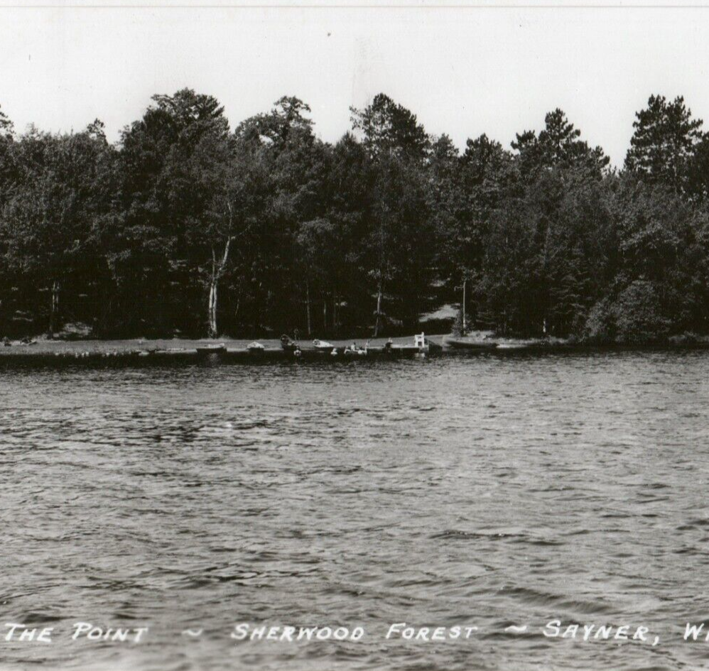 c.1940 The Point Plum Lake Sherwood Forest Sayner Wisconsin RPPC Boats