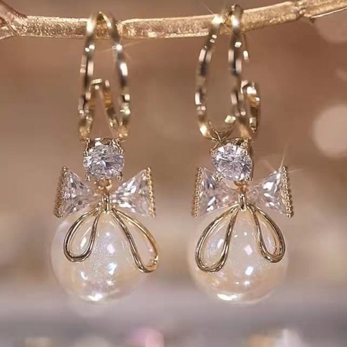 Korean Zircon Crystal Pearl Bowknot Tassel Earrings Drop Dangle Women Jewelry - Picture 6 of 23