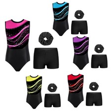 Kids Girls Dancewear And Hair Band Outfit Gymnastics Set 3Pcs Sleeveless Dance