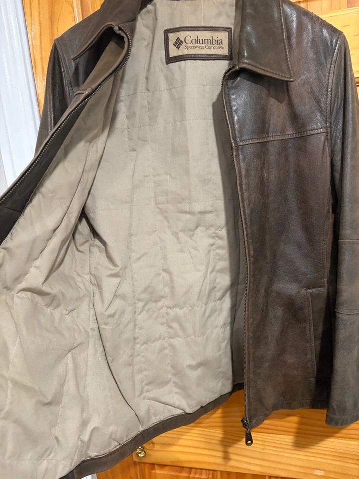 Chaqueta Patinia De Colección Columbia Sportswear Cuero Genuino Marrón Cremallera Frontal Para Hombre Foto 4 de 4