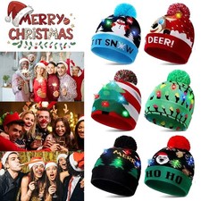 LED Christmas Beanie Knit Hat Light Up Tree Xmas Snowman Knitted Cap Adult Kids