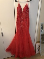 Jovani Red Beaded Sequin V-Neck Backless Mermaid Gown Long Size 14