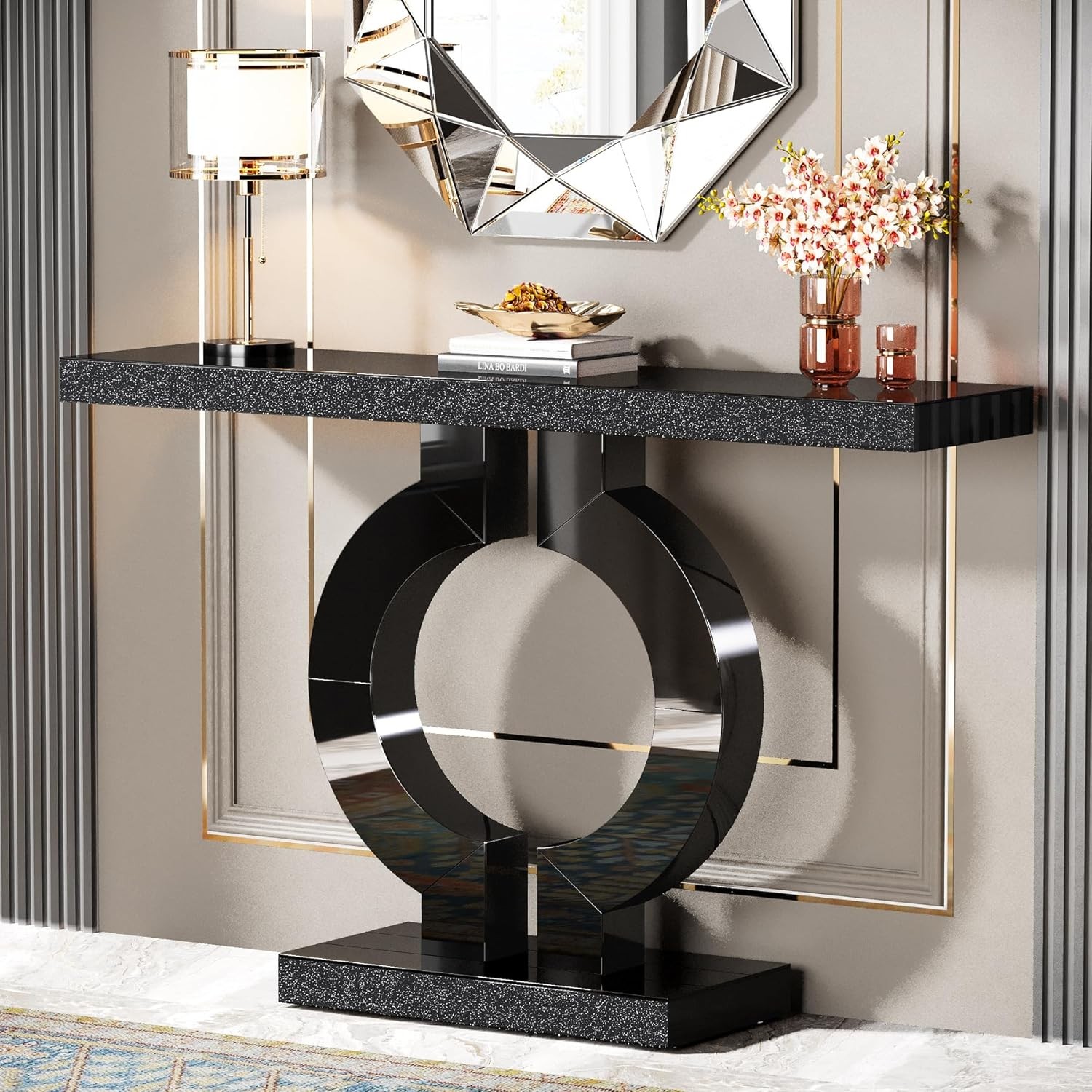 43-Inch Modern Narrow Black Sofa Table with Mirrored Finish 