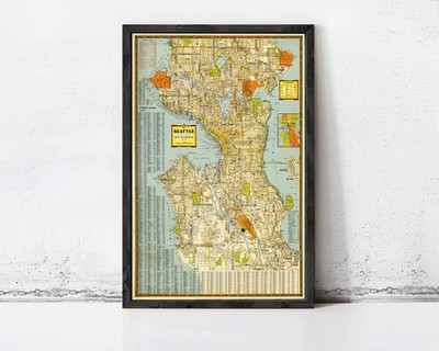 Old Map of Seattle Washington 1946 Vintage Map Reproduction Print Poster Framed