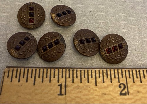 Antique Victorian Red Jeweled Buttons Set 6 Floral Brass and Pyramid Glass 14mm - Picture 6 of 6