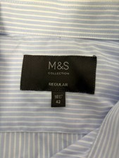 M S Marks  Spencer Men's 16.5 Light Blue And White Striped Long Sleeved Shirt