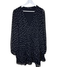 ASOS Design Black Polka Dot Pleated Mini Dress, Long Sleeves, Size 12