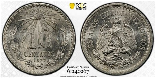 1927 Mexico 10 Centavos Silver — photo from the most recent tracked eBay sale