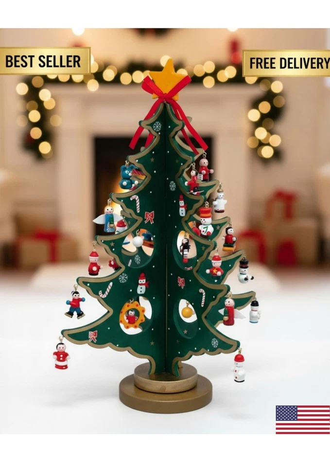Kurt Adler Advent Calendar Christmas Tree with 24 Miniature Wooden Ornaments, Mu - Image 4 of 4