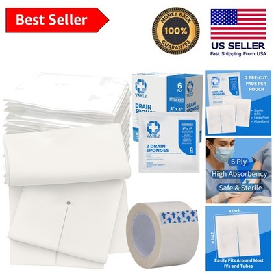 Pre-Cut Sterile Gauze Pads 4x4 - 50 Pack with Easy Access Tray & Medical Tape