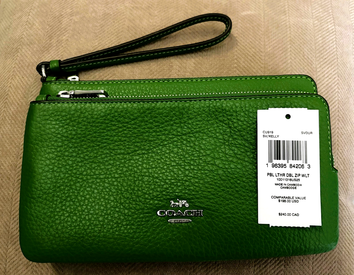 💚Coach Double Zip Wallet - CU919 Kelly Green Refined Pebbled