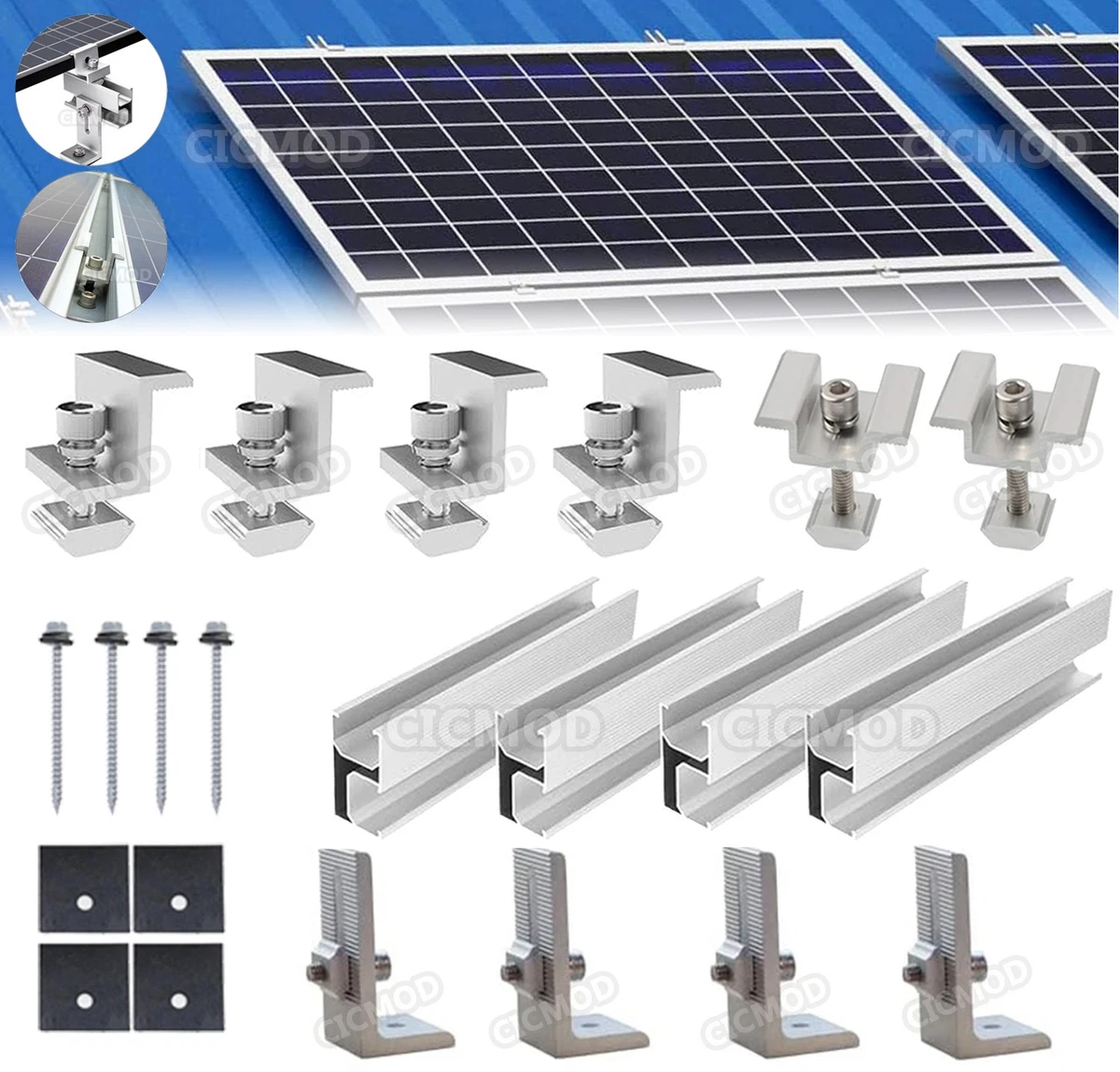 Solar Panel Roof Mounting Rails Bracket Kit Aluminum for 1-5Pcs Solar Panels Set