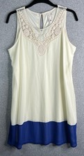 Pink Owl Womens Sleeveless Colorblock Dress Ivory Blue Lace Yoke Shift