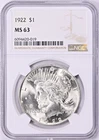 1922 PEACE DOLLAR NGC MS63 90% Silver UNCIRCULATED LUSTROUS COIN VALUE $115