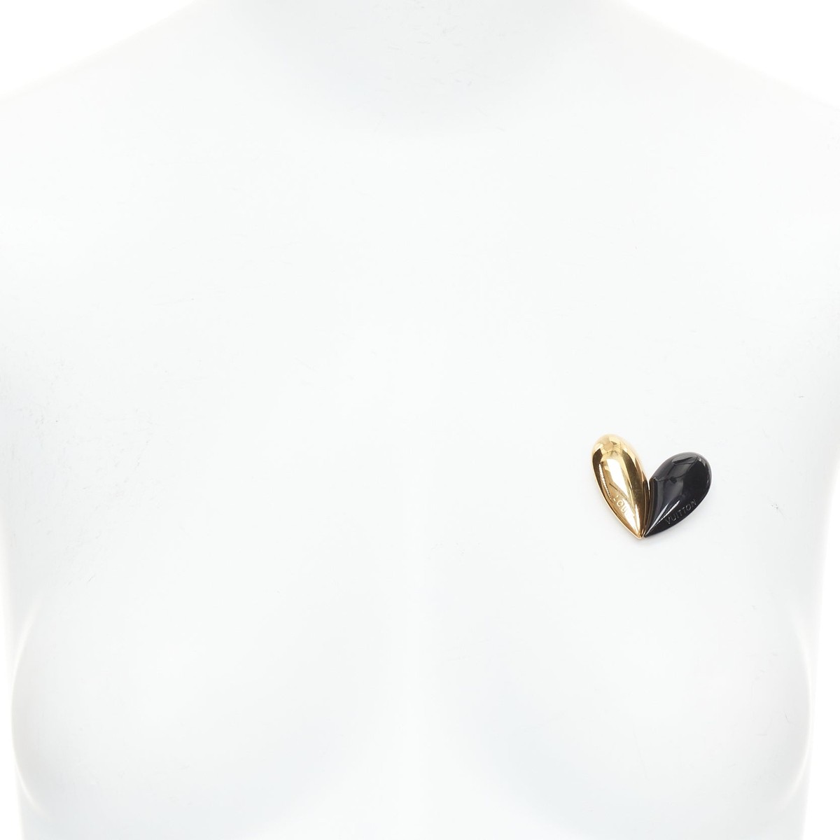 LOUIS VUITTON black gold embossed logo split heart pin