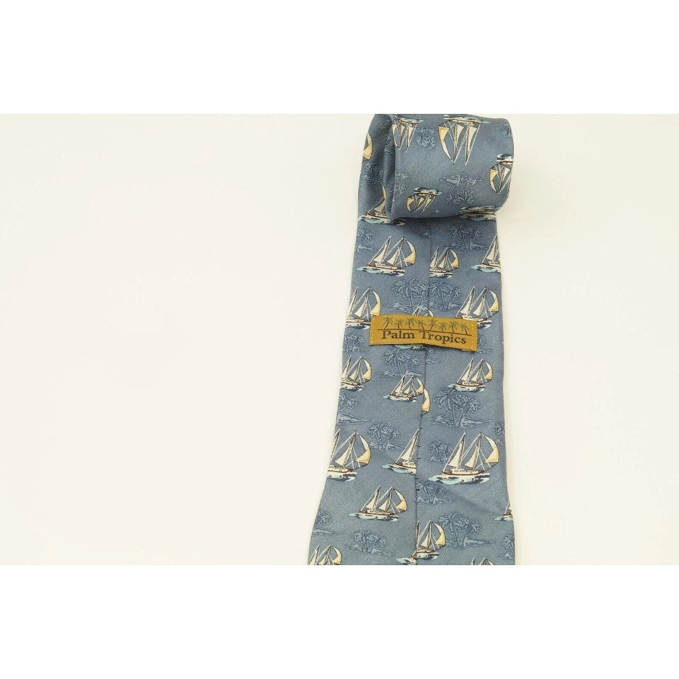 Palm Tropics Hombres Corbata Veleros y Palmeras, Corbata de Seda Azul Foto 3 de 4