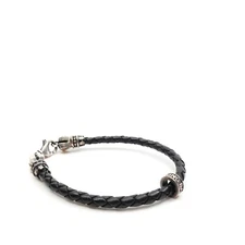 King Baby Studio Small Leather Braid With MB Cross Bracelet Silver .925 Size 7"