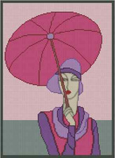 Art Deco Lady with Pink Umbrella Counted Cross Stitch Chart  No.32-110