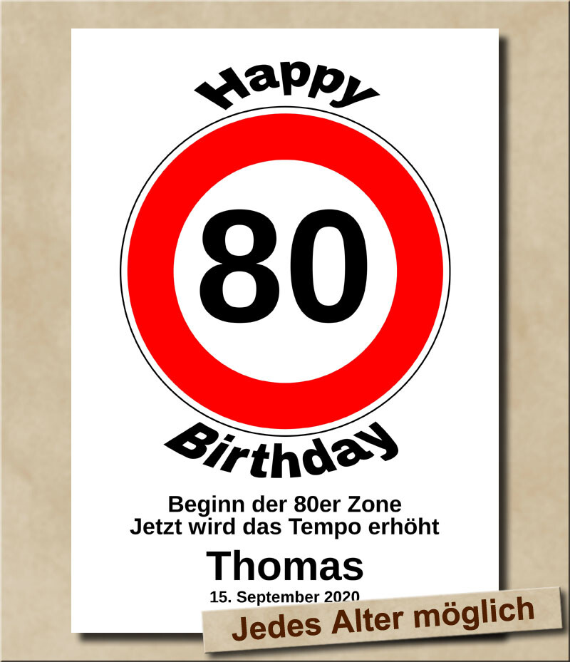 Geschenk Verkehrszeichen zum 80. Geburtstag Bild Individueller Wunschtext