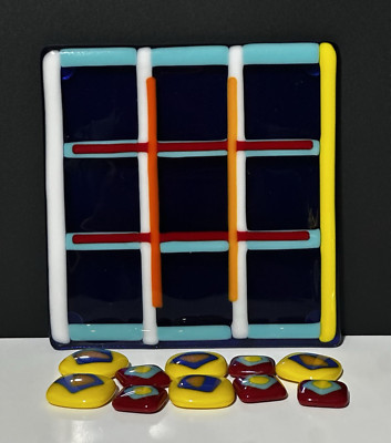 Blue Multi-Color Handmade Fused Glass Tic-Tac-Toe Signed Game - Complete