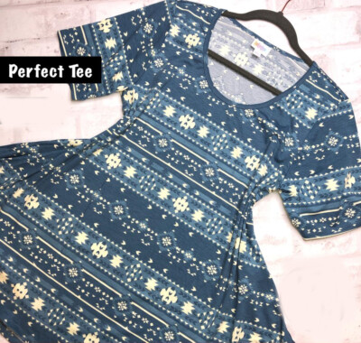 BNWT LuLaRoe Size Medium (12-18) Perfect Tee Blue and Almond Aztec Print