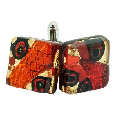 Boutons De Manchette En Verre De Murano Rouge Orange Or Millefiori Paire Carrée - Photo 1/4