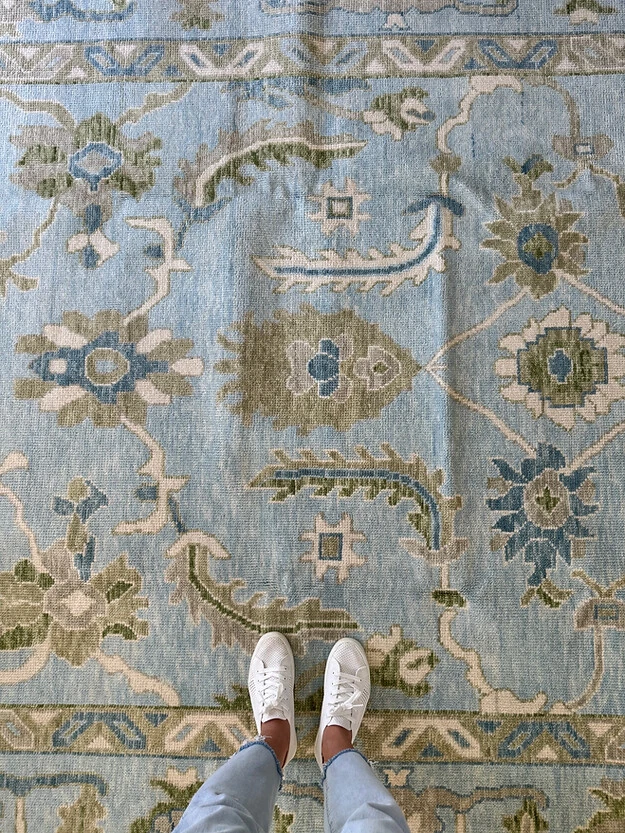 Alfombra Oushak Azul Hielo Lana Hecha a Mano Oriental Turco Diseño Anudado a Mano Alfombra Foto 4 de 4