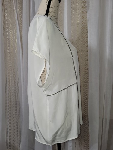 ECRU Alabaster White Color 100% Silk Key Hole Neck Cap Sleeve Blouse Women's XL - Picture 6 of 13