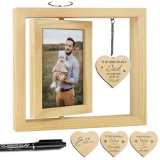 Double-Sided Natural Wooden Photo Frame 4x6 Dad Picture with Heart Pendant