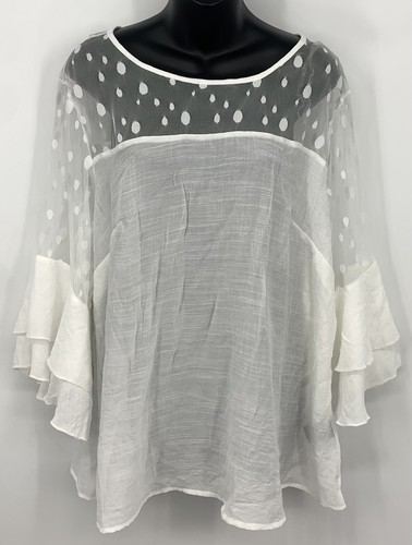 Unique Spectrum Top Plus 1X White Tunic Scoop Neck 3/4 Sleeve Sheer New B37