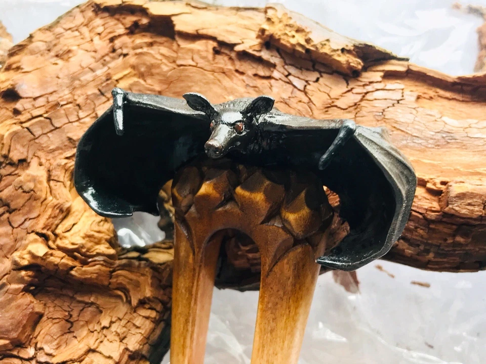 Carved Wood Hair Fork Clip with Bat HANDMADE  Gothic Hair Stick Halloween Gift - Image 2 of 4