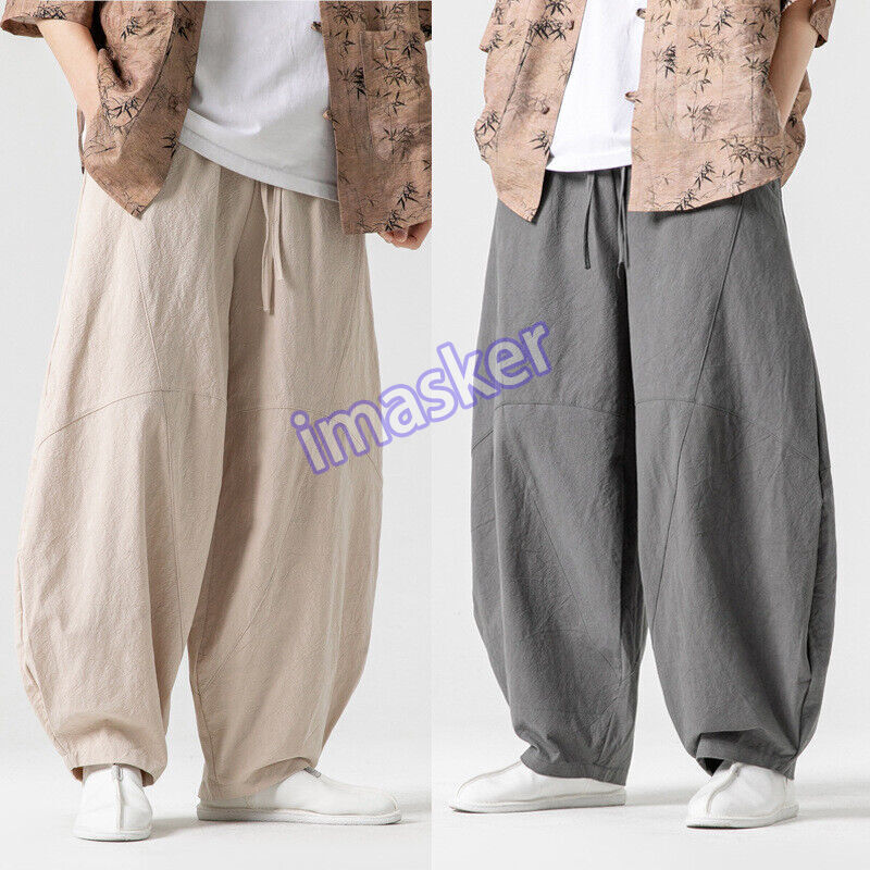 Men's Elastic Waist Cotton Linen Kung Fu Pants Casual Loose Trousers