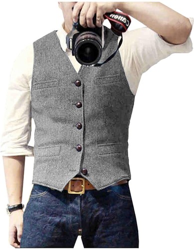 S M Large XL XXL 3XL Mens Tweed Vest Vintage Cowboy Herringbone Groom Waistcoat - Picture 36 of 37