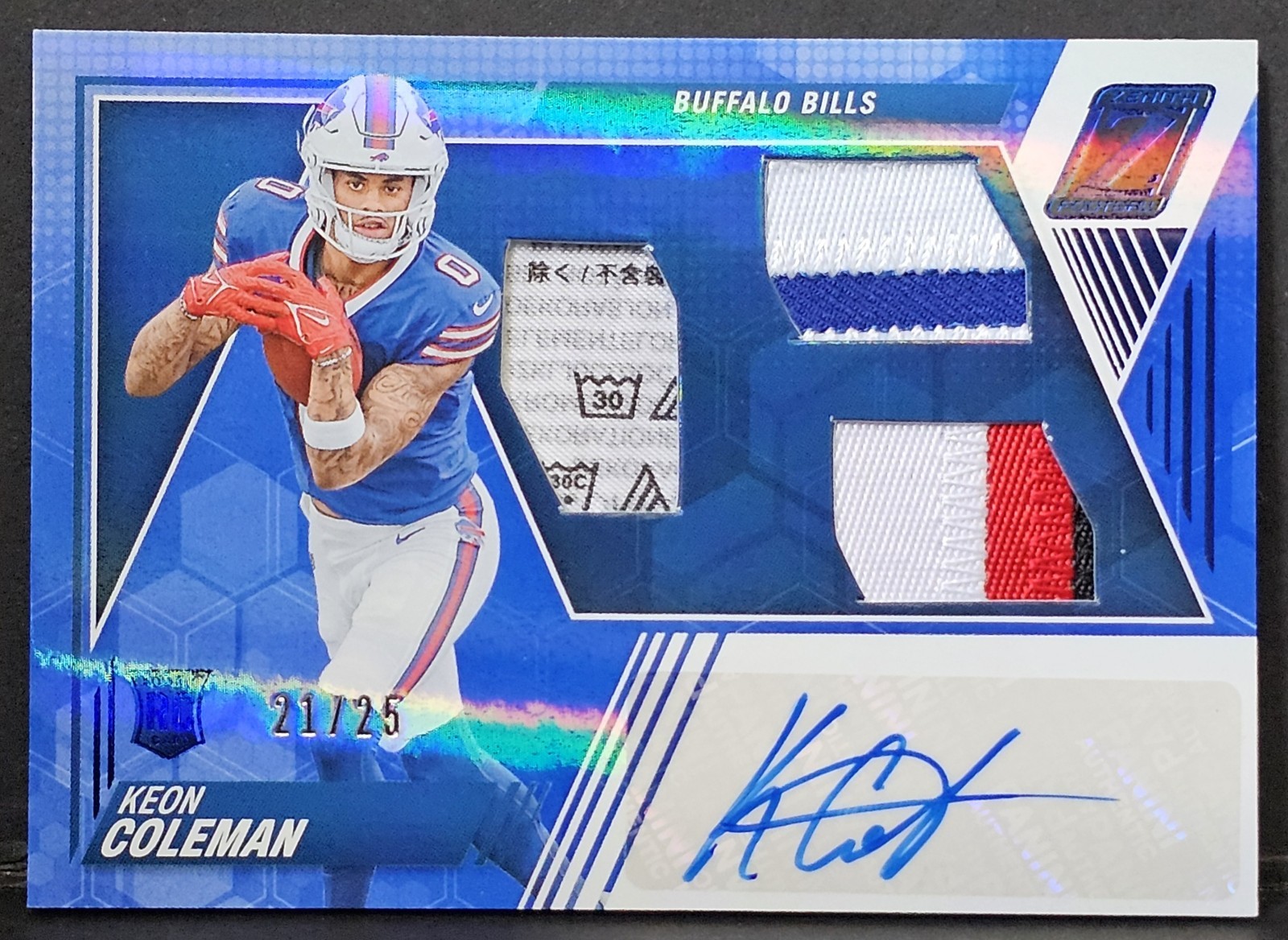 Keon Coleman 2024 Panini Zenith Rookie Patch Auto Laundry Tag Blue RC #21/25
