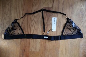 Bordelle Cubism Soft Triangle Bra + Thong Black Blue geometric 24k L Large NWT