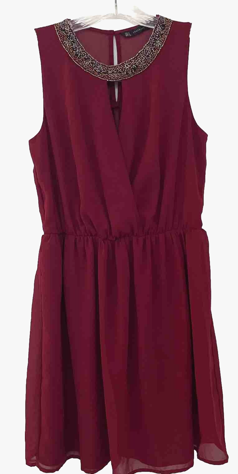 Zara Trafaluc Womens Dress Keyhole Mini Beaded Sleeveless Maroon Small