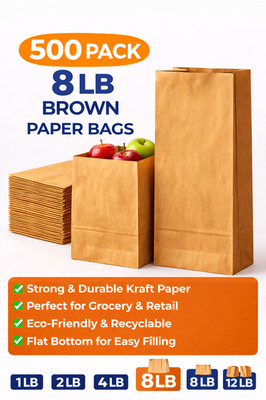 500 Pack 8 LB Brown Kraft Paper Bags Grocery Food Lunch Bags Retail Bulk Heavy D