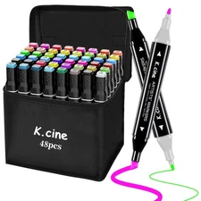 K.CINE 48 Colors Alcohol Markers, Dual Tip Art Markers with Brush Tip  Chisel