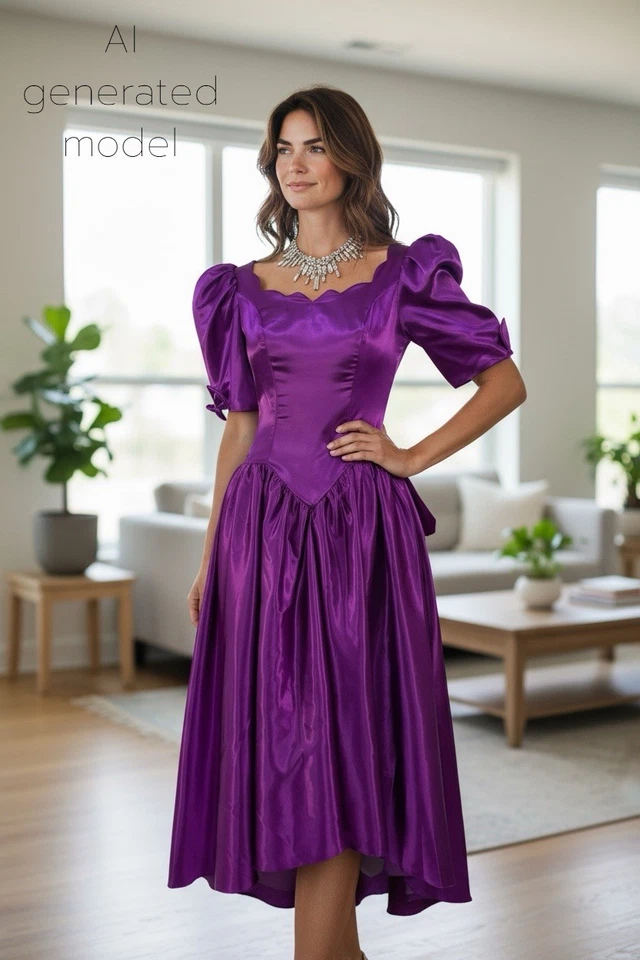 Vestido De Colección Años 80 Baile de graduación S Púrpura Brillante Satén Lazo Festoneado Hi Lo Princesa Manga Abullonada Foto 2 de 4