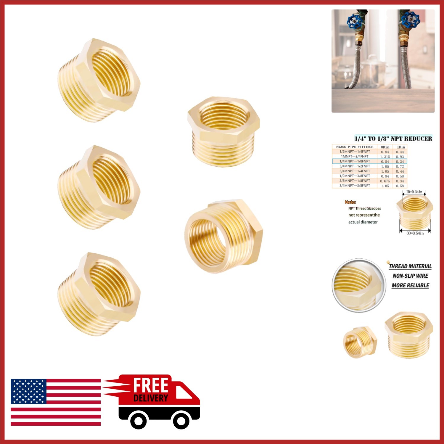 Brass Pipe Fittings 1/4 NPT Male to 1/8 NPT Female Hex Bushing Adapter 5 PCS
