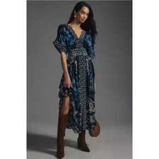 New Farm Rio Navy Blue Deep V Floral Motif Midi Dress Small