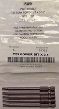Irwin 93362 Torx Power Bit T25 1/4" Hex Drive 3-1/2" OAL 5pcs.